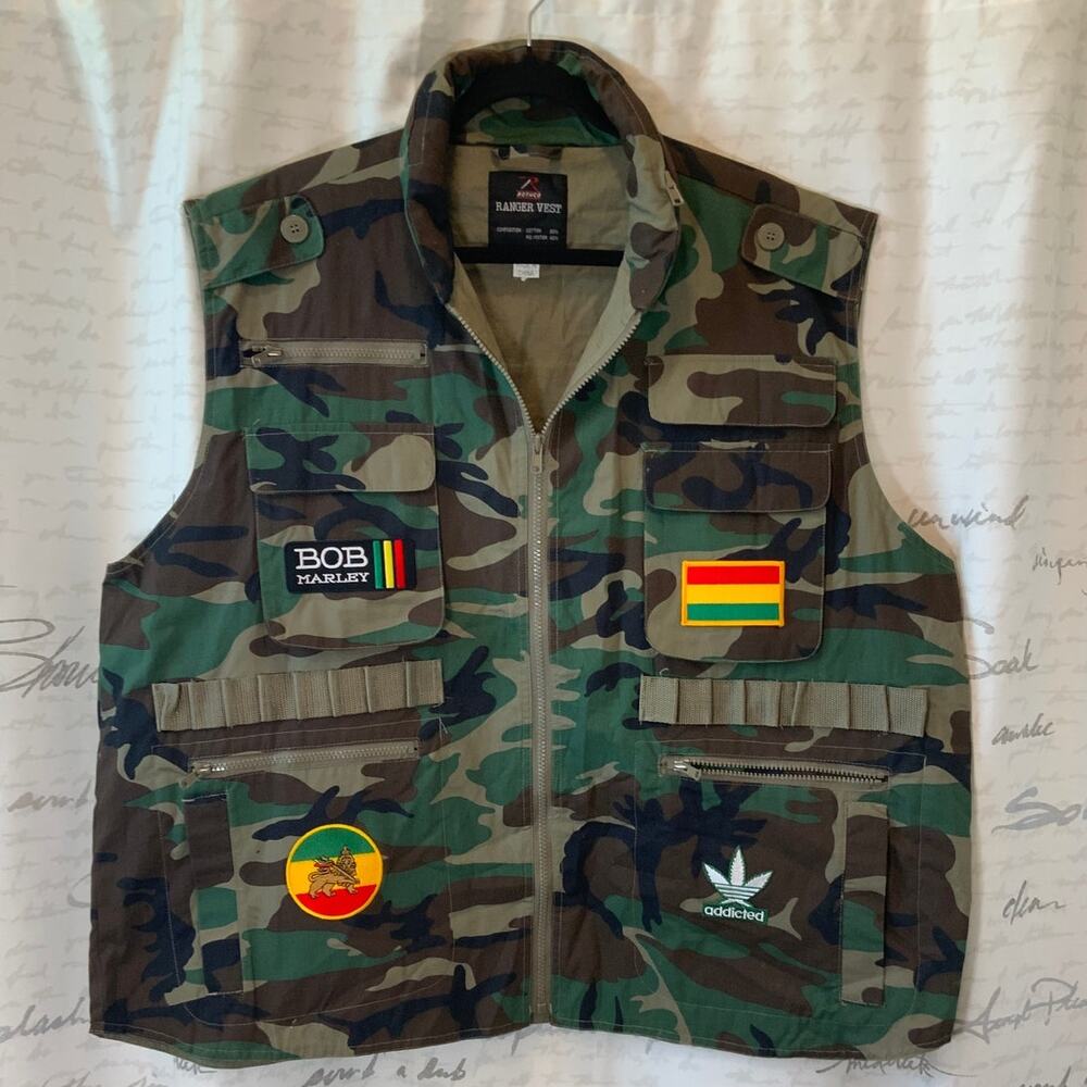 Rothco Ranger Vest Mens 2XL Camo Tactical Utility Pan African Bob Marley Patches